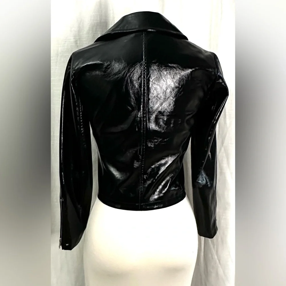 Topshop Women's Black 100% Polyester Cropped Biker Jacket Ladies Zipper Pocket - Picture 4 of 12